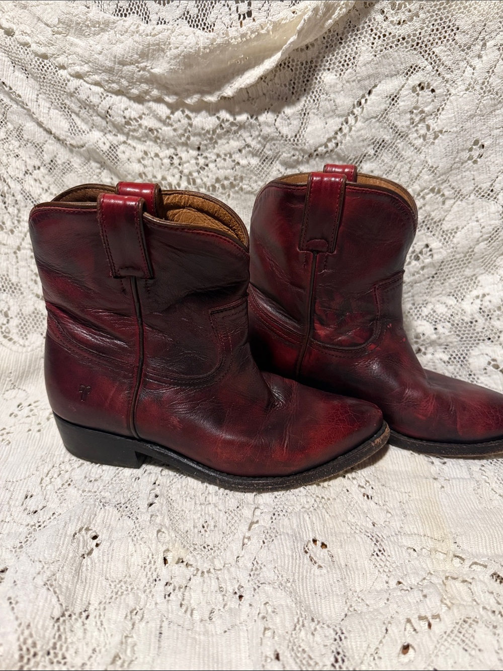 Frye Women's Billy Short Western Ankle Boots in Burgundy Red Leather
